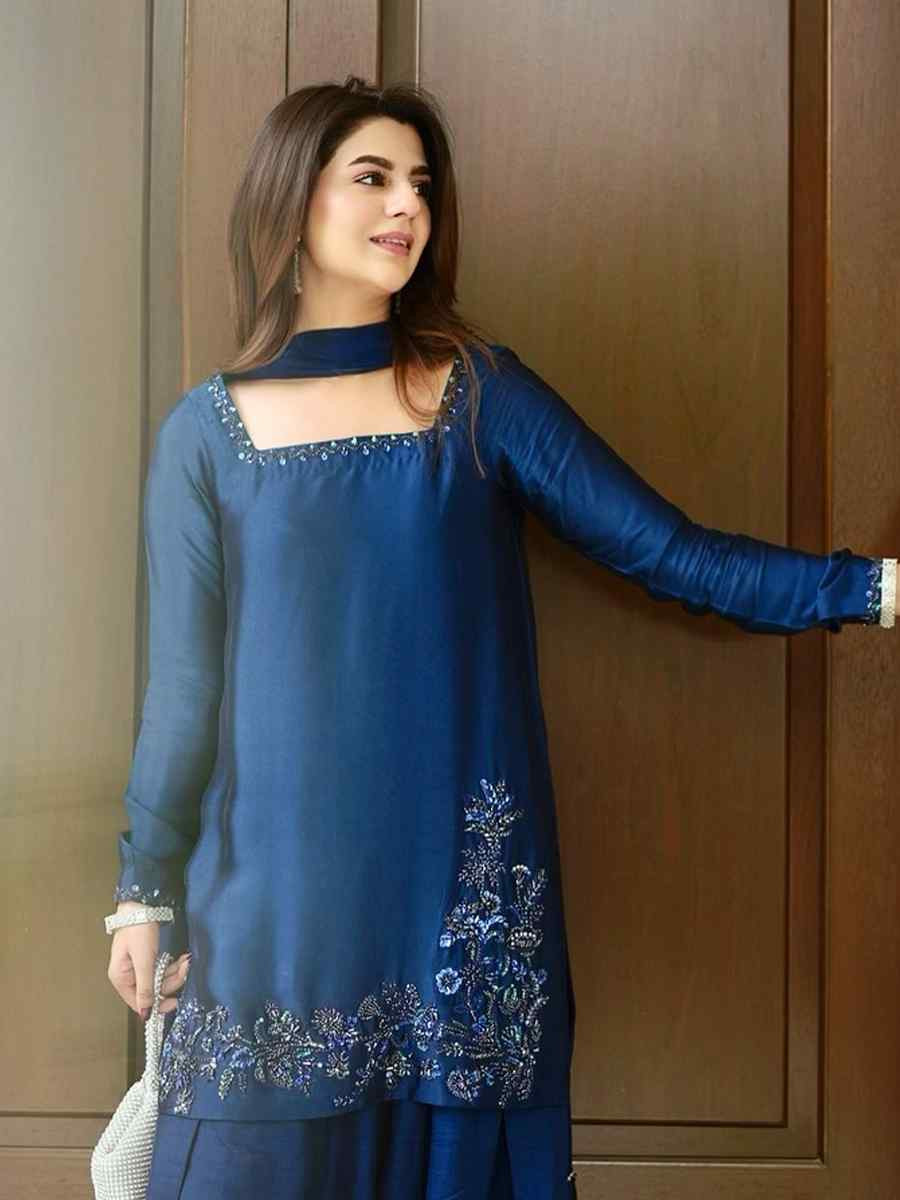 Blue Pure Natural Crep Silk Embroidered Party Wedding Ready Farsi Pant Salwar Kameez