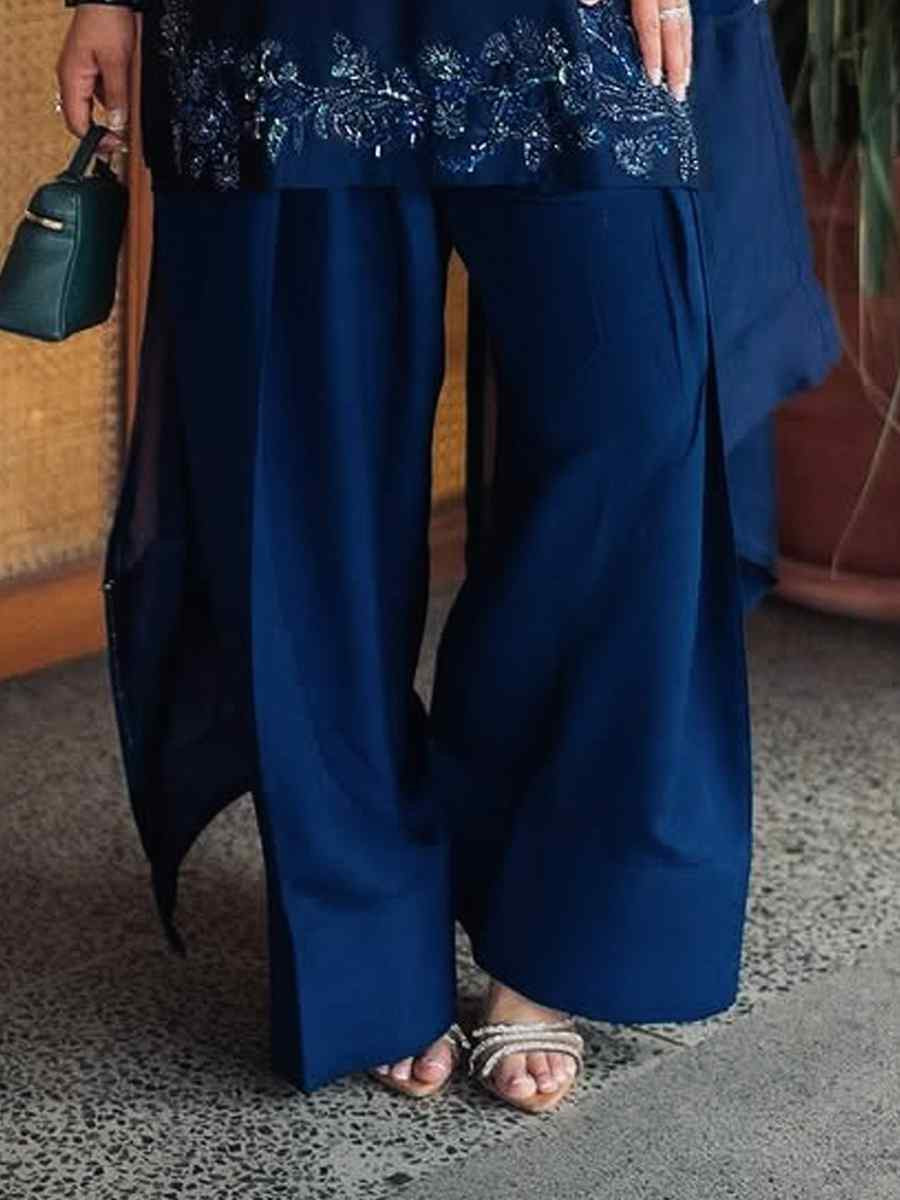 Blue Pure Natural Crep Silk Embroidered Party Wedding Ready Farsi Pant Salwar Kameez