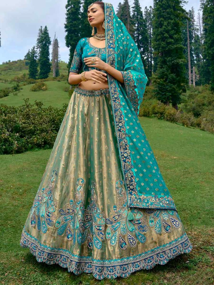 Blue Pure Raw Silk Embroidered Bridal Wedding Heavy Border Lehenga Choli