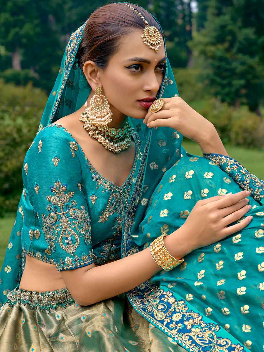 Blue Pure Raw Silk Embroidered Bridal Wedding Heavy Border Lehenga Choli