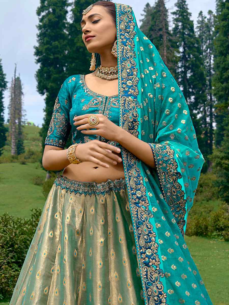 Blue Pure Raw Silk Embroidered Bridal Wedding Heavy Border Lehenga Choli