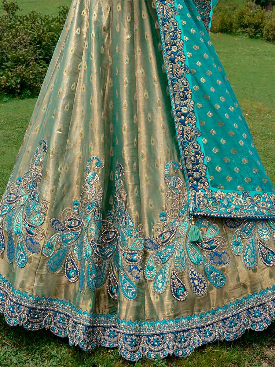 Blue Pure Raw Silk Embroidered Bridal Wedding Heavy Border Lehenga Choli