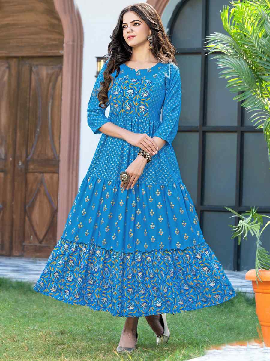 Blue Pure Rayon 14kg Printed Festival Casual Gown