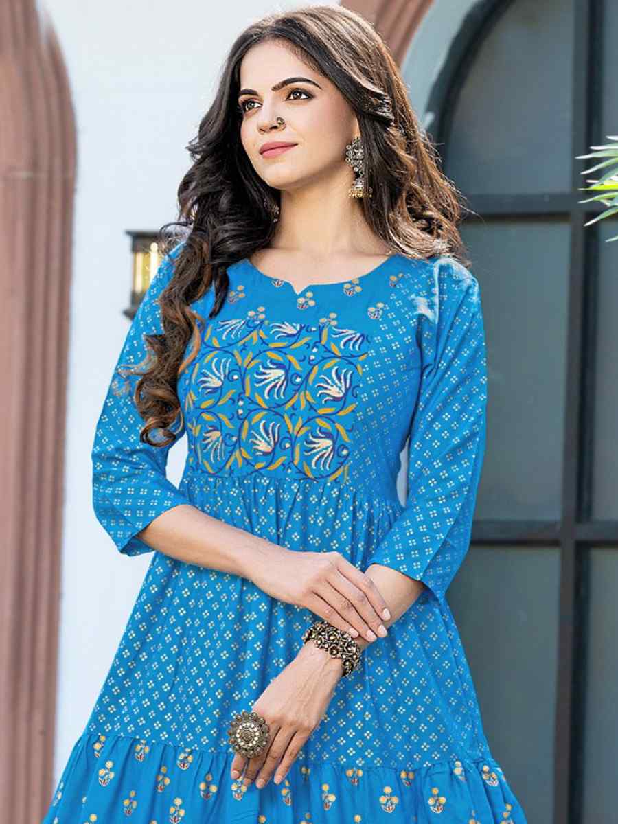 Blue Pure Rayon 14kg Printed Festival Casual Gown