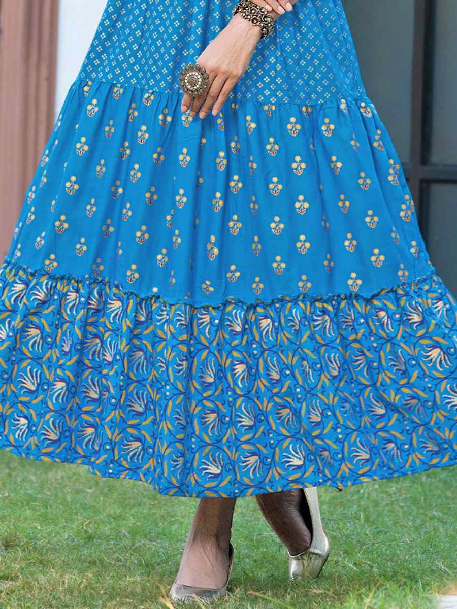 Blue Pure Rayon 14kg Printed Festival Casual Gown