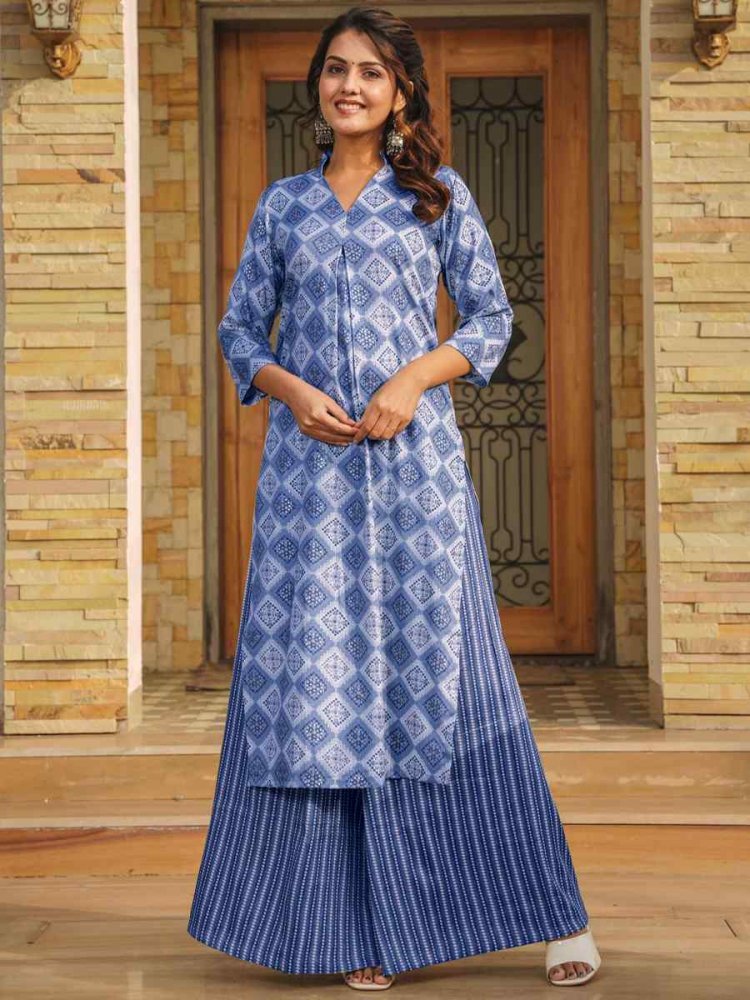 Blue Pure Royan Printed Festival Casual Kurti with Bottom