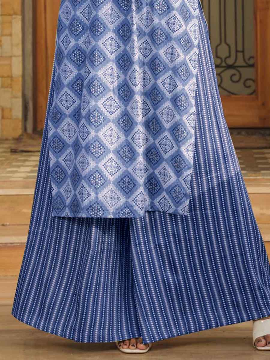 Blue Pure Royan Printed Festival Casual Kurti with Bottom