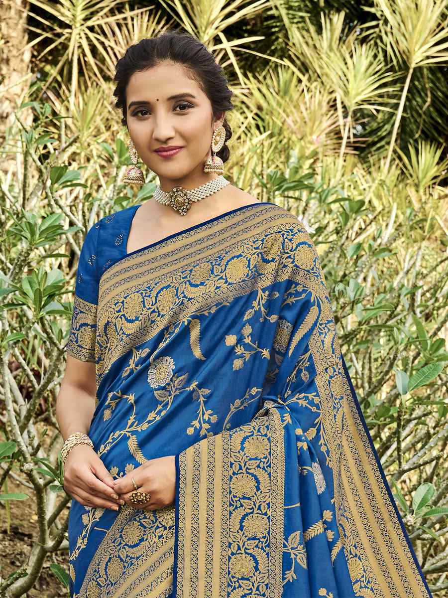 Blue Pure Satin Banarasi Silk Handwoven Wedding Festival Heavy Border Saree