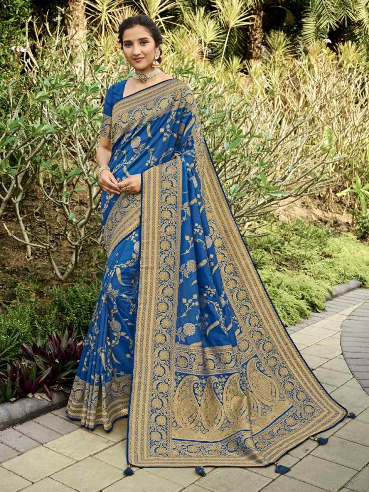 Blue Pure Satin Banarasi Silk Handwoven Wedding Festival Heavy Border Saree