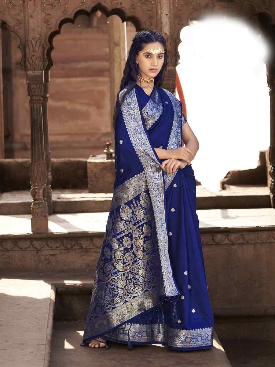 Blue Pure Satin Banarasi Silk Handwoven Wedding Festival Heavy Border Saree