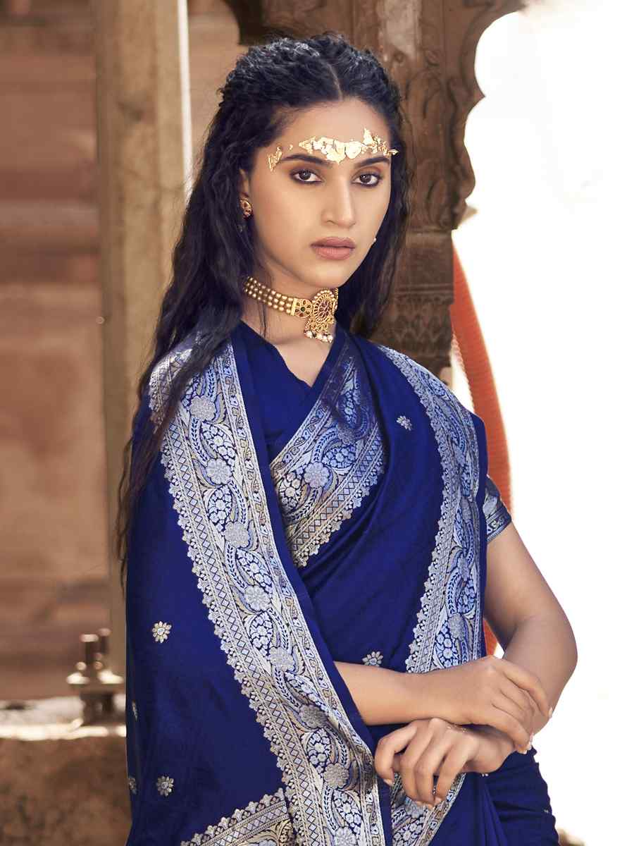 Blue Pure Satin Banarasi Silk Handwoven Wedding Festival Heavy Border Saree