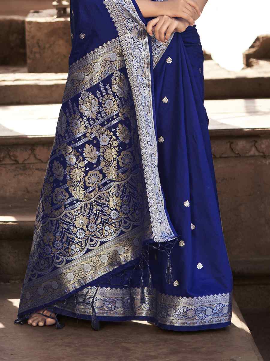 Blue Pure Satin Banarasi Silk Handwoven Wedding Festival Heavy Border Saree