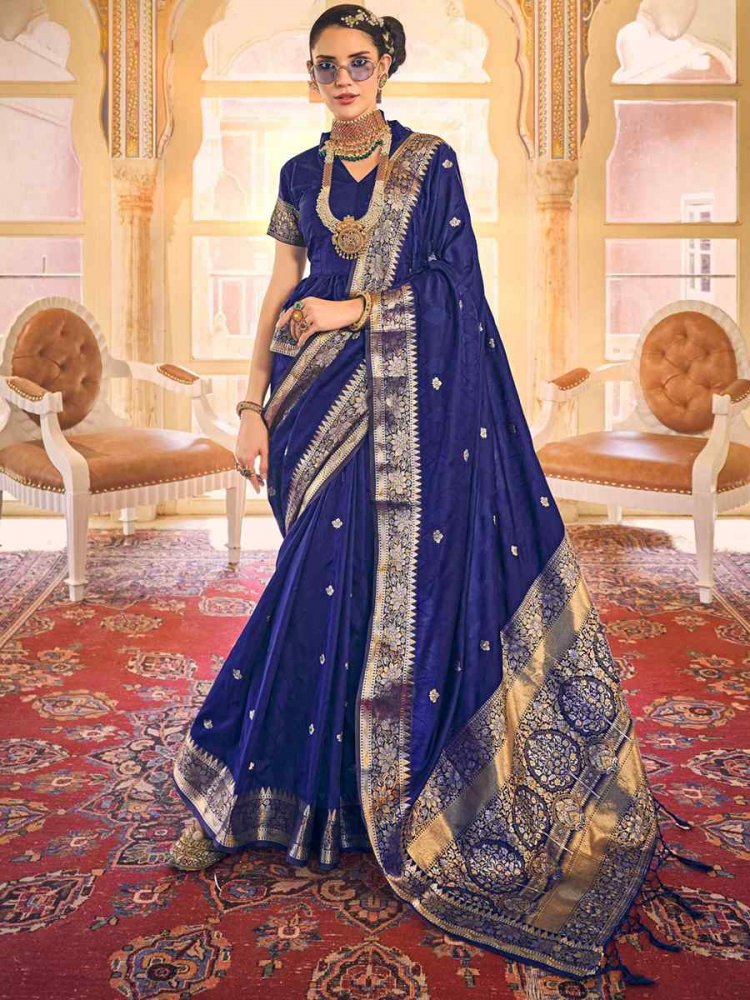 Blue Pure Satin Silk Handwoven Wedding Festival Heavy Border Saree