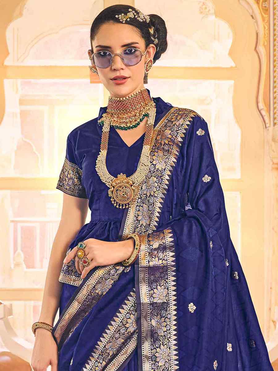 Blue Pure Satin Silk Handwoven Wedding Festival Heavy Border Saree