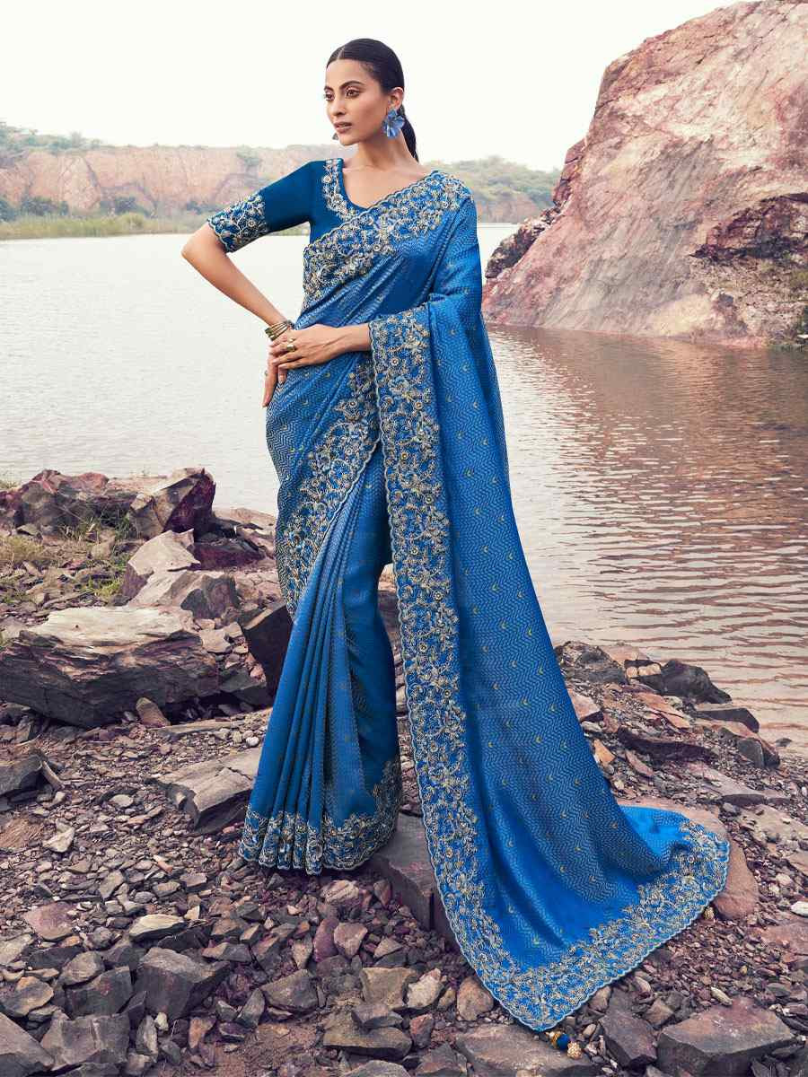 Blue Pure Satin Silk With jacquard Embroidery Bridal Reception Festival Wedding Fancy Heavy Border Saree