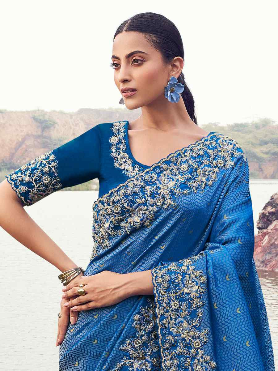 Blue Pure Satin Silk With jacquard Embroidery Bridal Reception Festival Wedding Fancy Heavy Border Saree