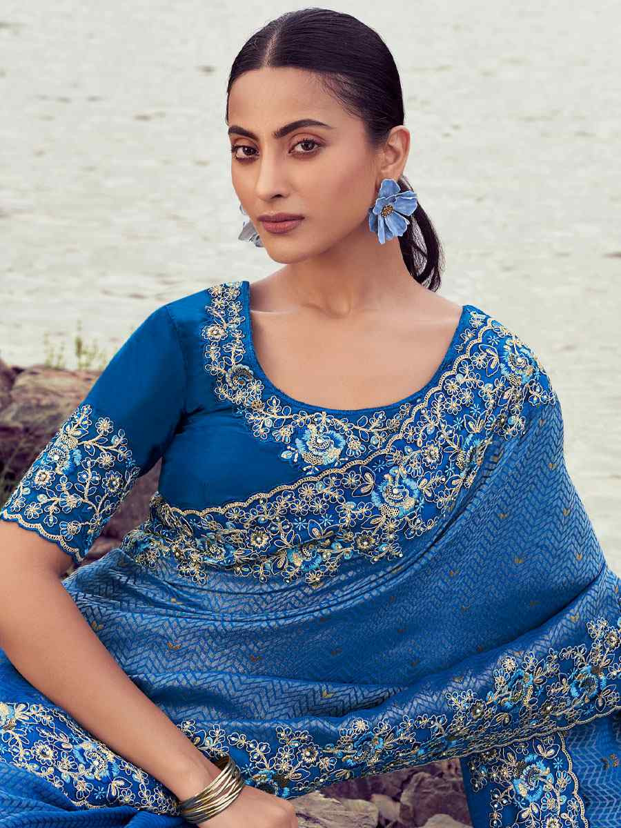 Blue Pure Satin Silk With jacquard Embroidery Bridal Reception Festival Wedding Fancy Heavy Border Saree