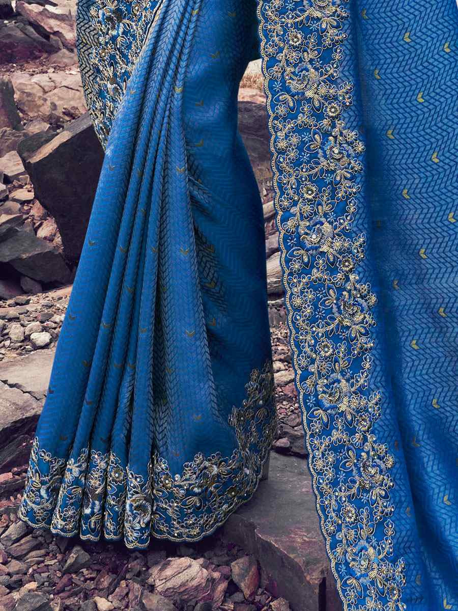 Blue Pure Satin Silk With jacquard Embroidery Bridal Reception Festival Wedding Fancy Heavy Border Saree
