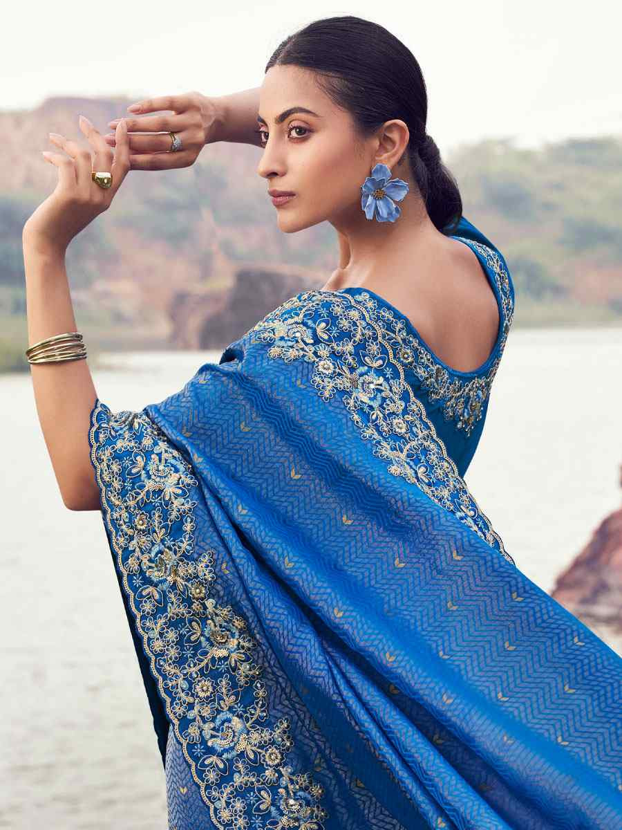 Blue Pure Satin Silk With jacquard Embroidery Bridal Reception Festival Wedding Fancy Heavy Border Saree