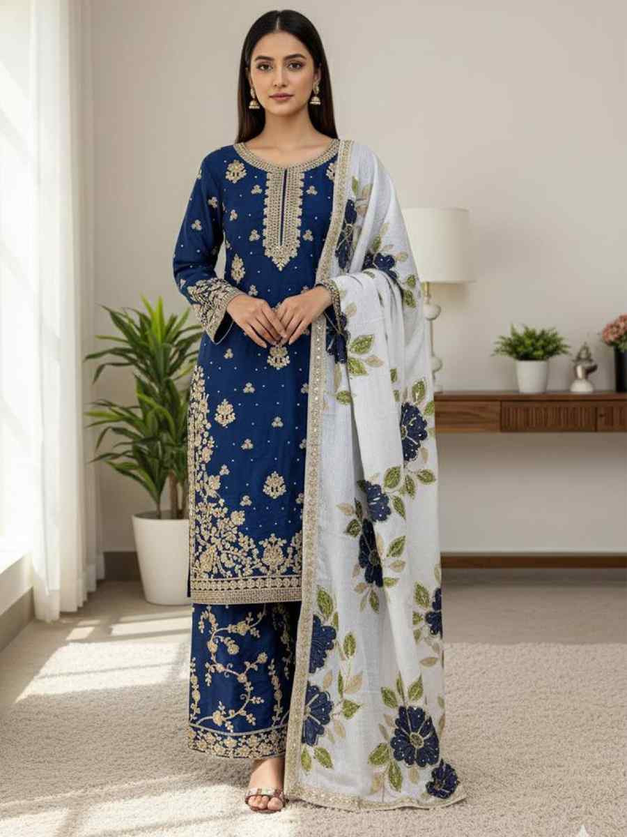 Blue Pure Silk Embroidery Party Wedding Festival Casual Ready Palazzo Pant Salwar Kameez