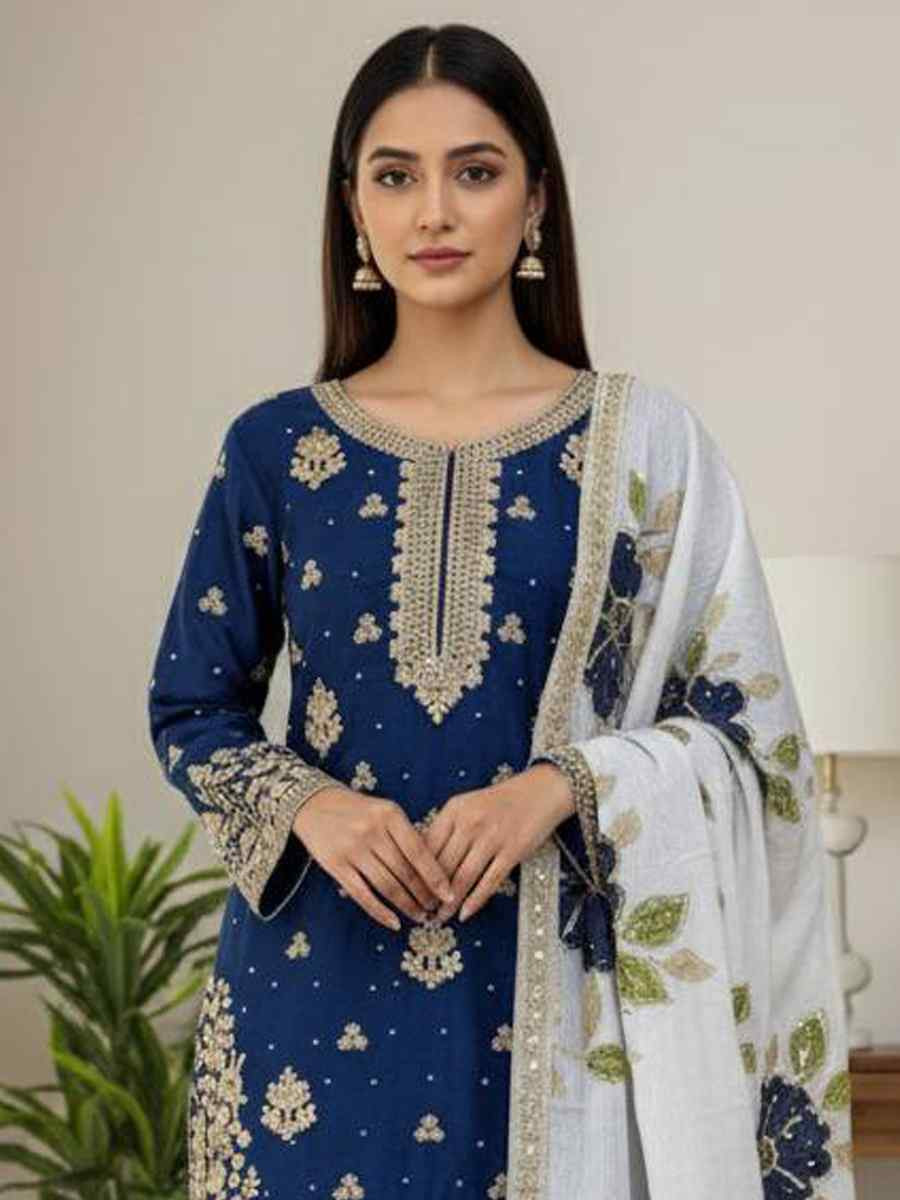 Blue Pure Silk Embroidery Party Wedding Festival Casual Ready Palazzo Pant Salwar Kameez