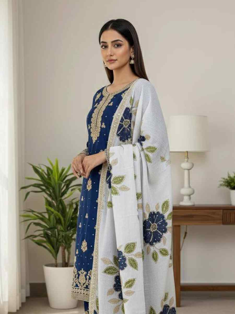 Blue Pure Silk Embroidery Party Wedding Festival Casual Ready Palazzo Pant Salwar Kameez