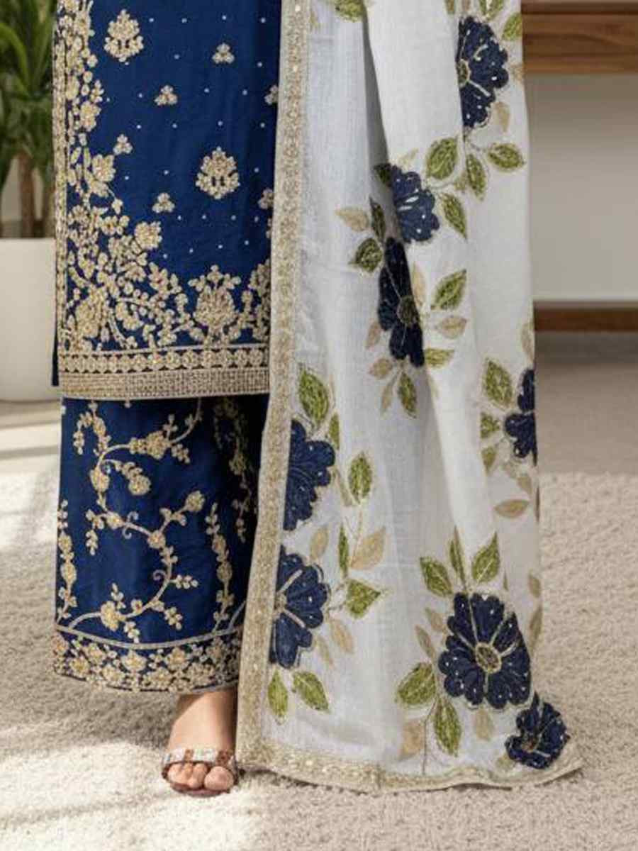 Blue Pure Silk Embroidery Party Wedding Festival Casual Ready Palazzo Pant Salwar Kameez
