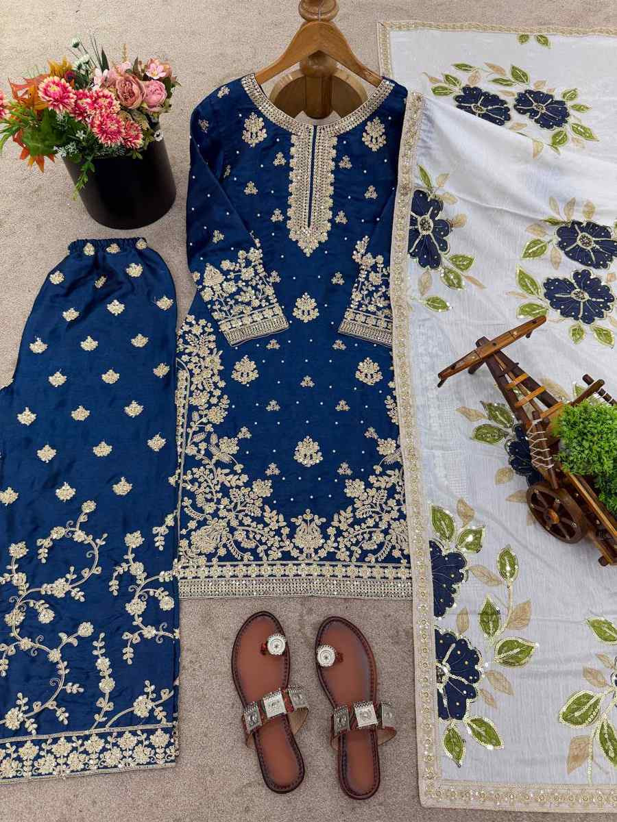 Blue Pure Silk Embroidery Party Wedding Festival Casual Ready Palazzo Pant Salwar Kameez