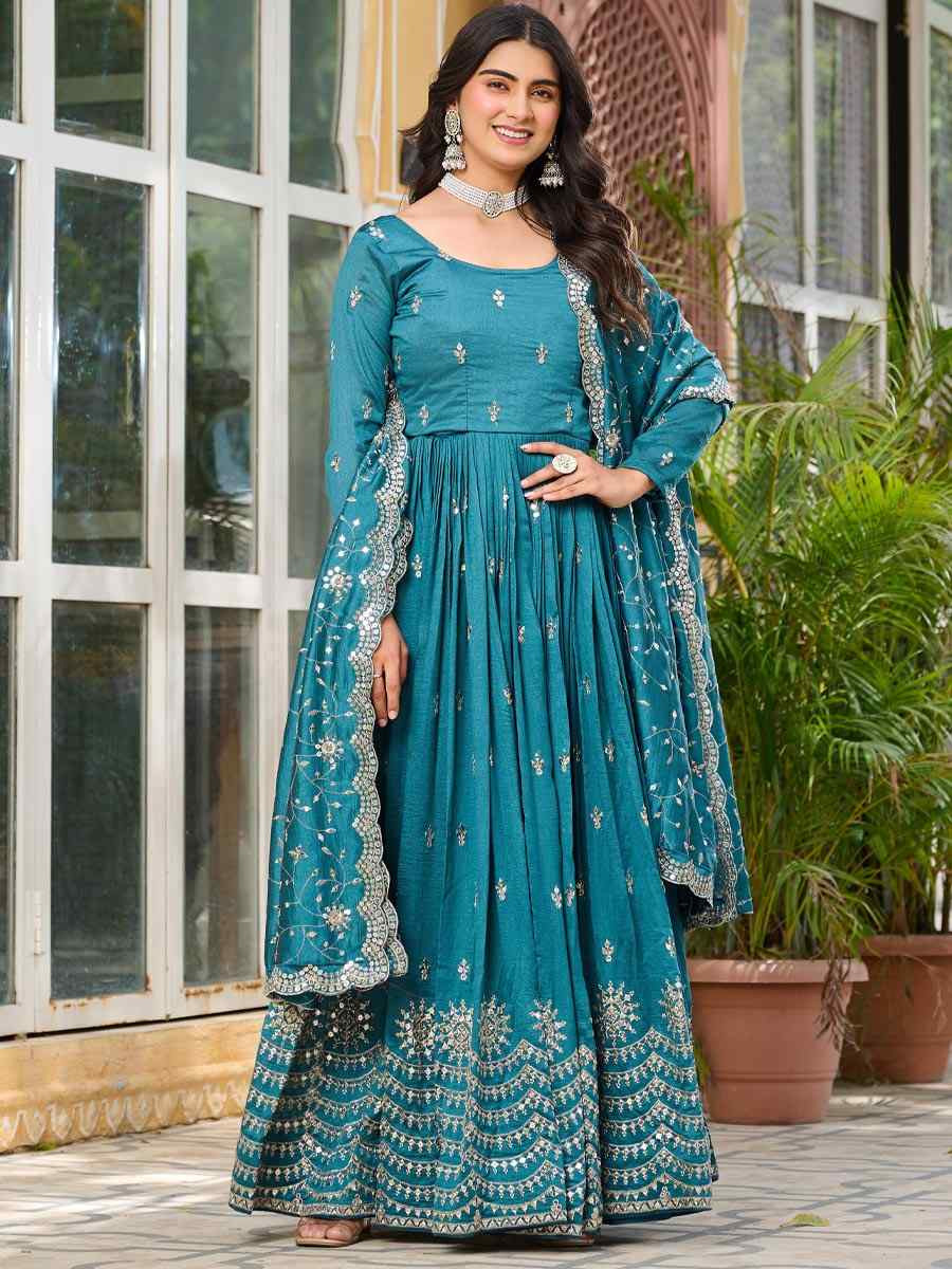 Blue Pure Vichitra Silk Embroidered Festival Casual Gown