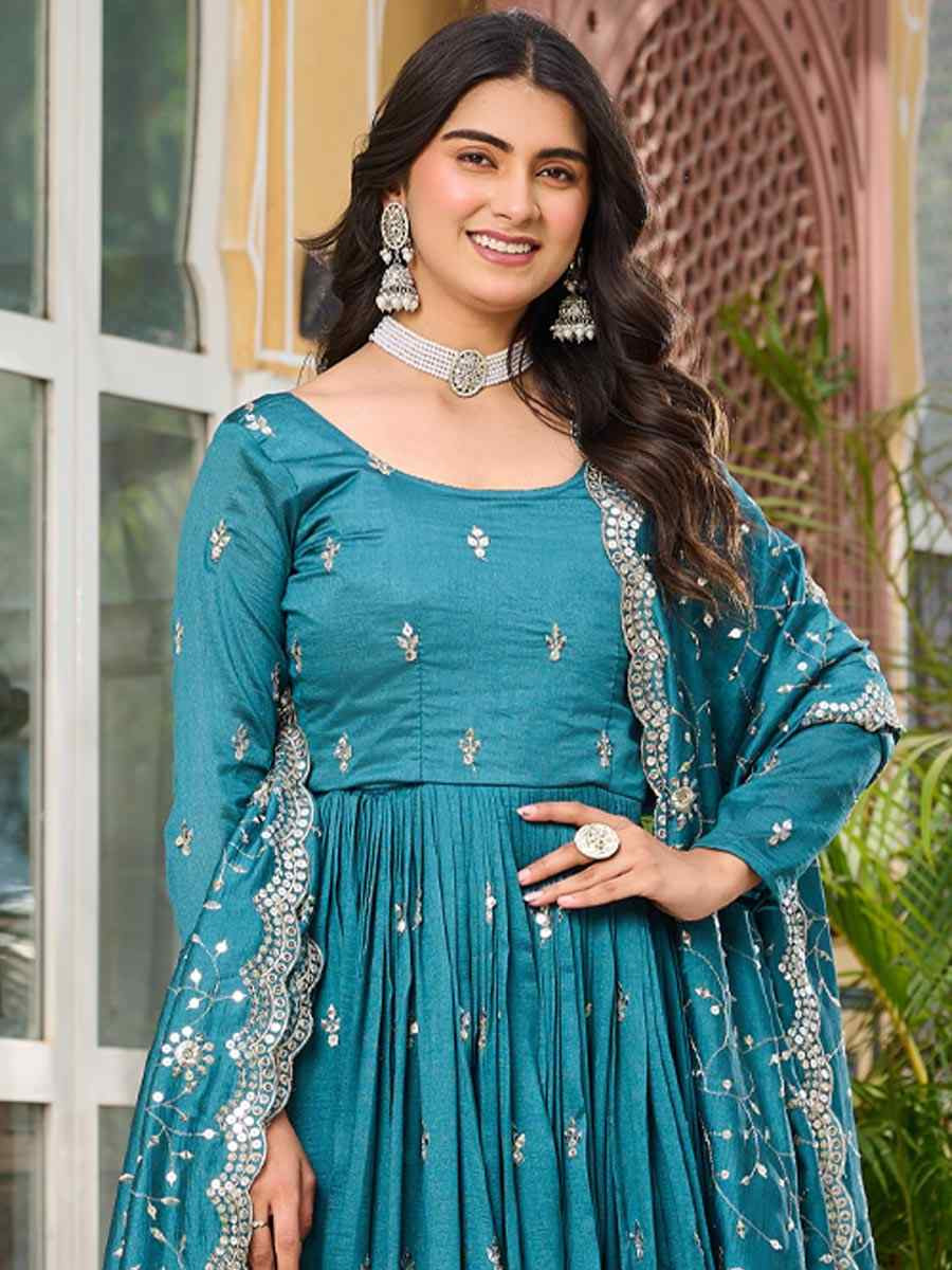 Blue Pure Vichitra Silk Embroidered Festival Casual Gown