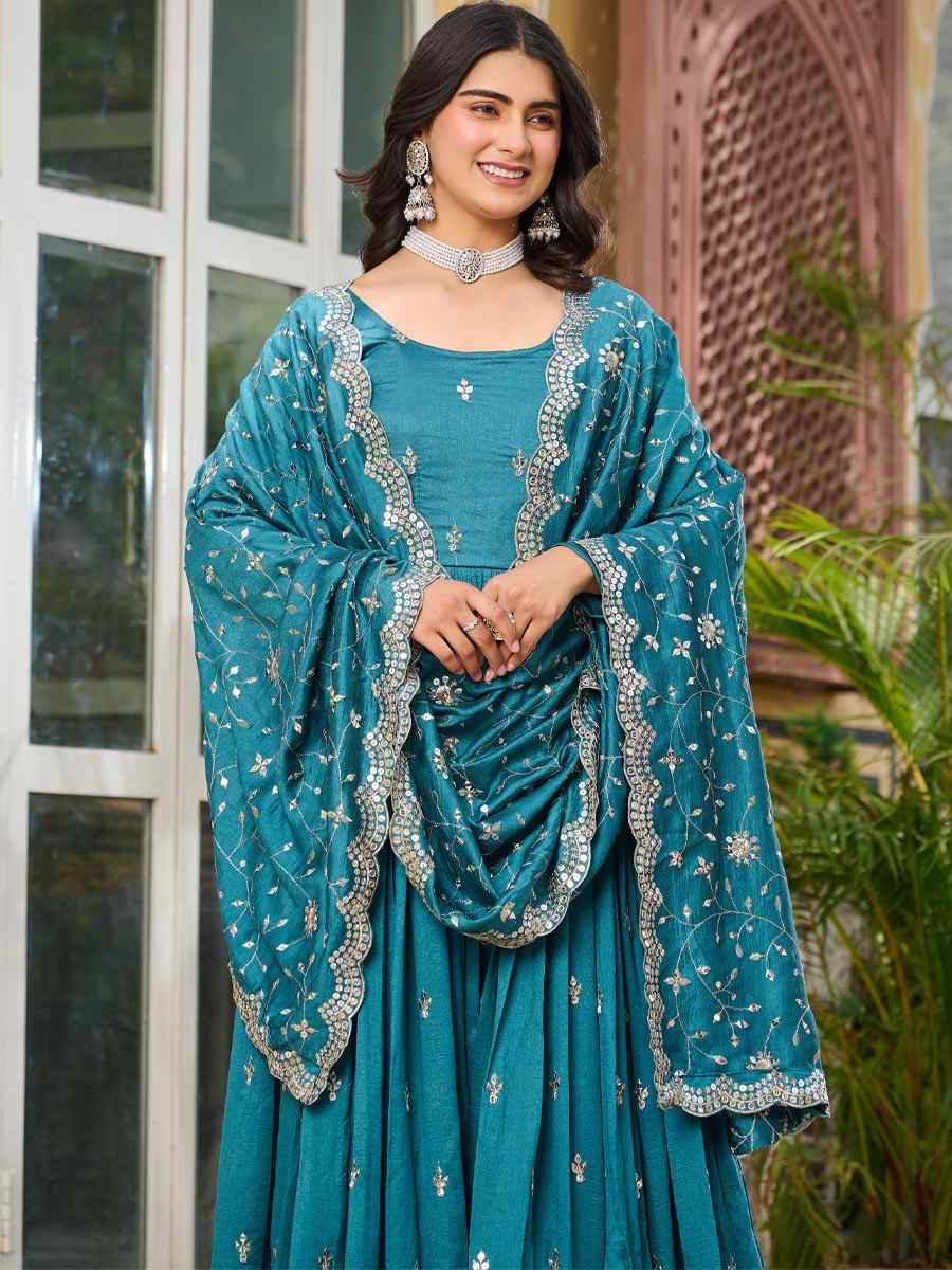 Blue Pure Vichitra Silk Embroidered Festival Casual Gown