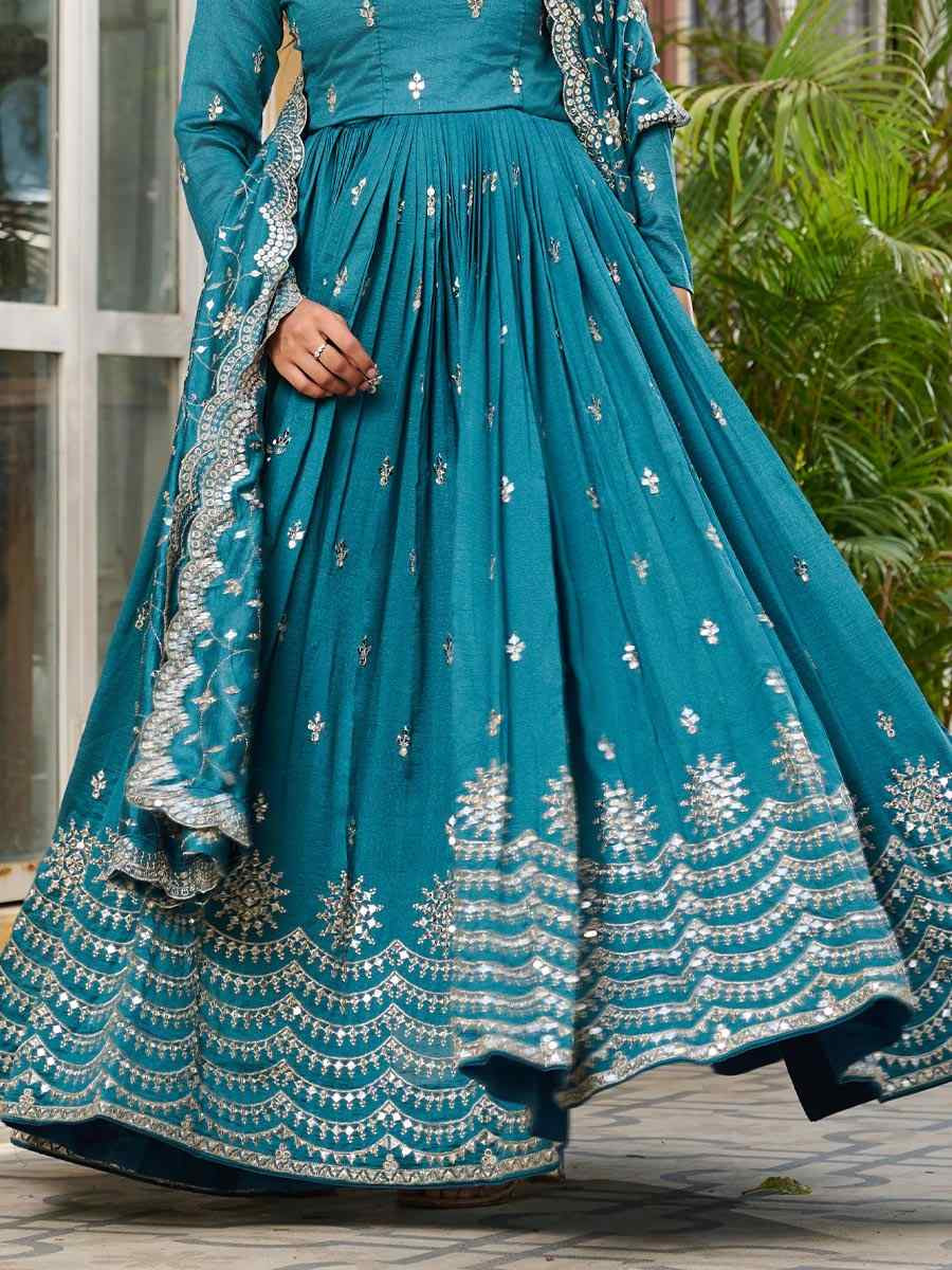 Blue Pure Vichitra Silk Embroidered Festival Casual Gown