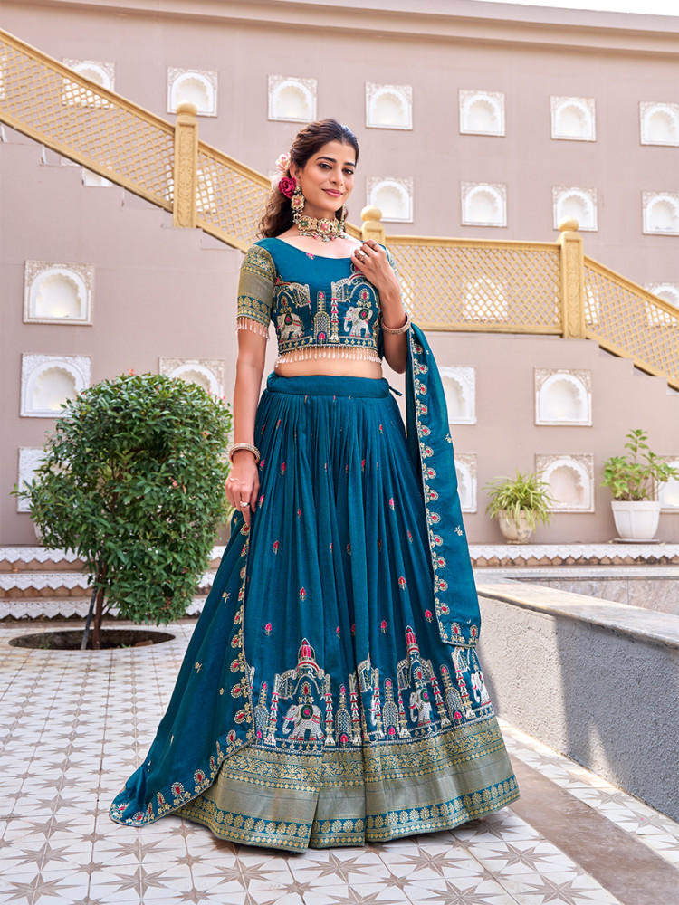 Image of Blue Pure Vichitra Silk Embroidery Sequins Resham Zari Wedding Party Festival Ready Heavy Border Lehenga Choli