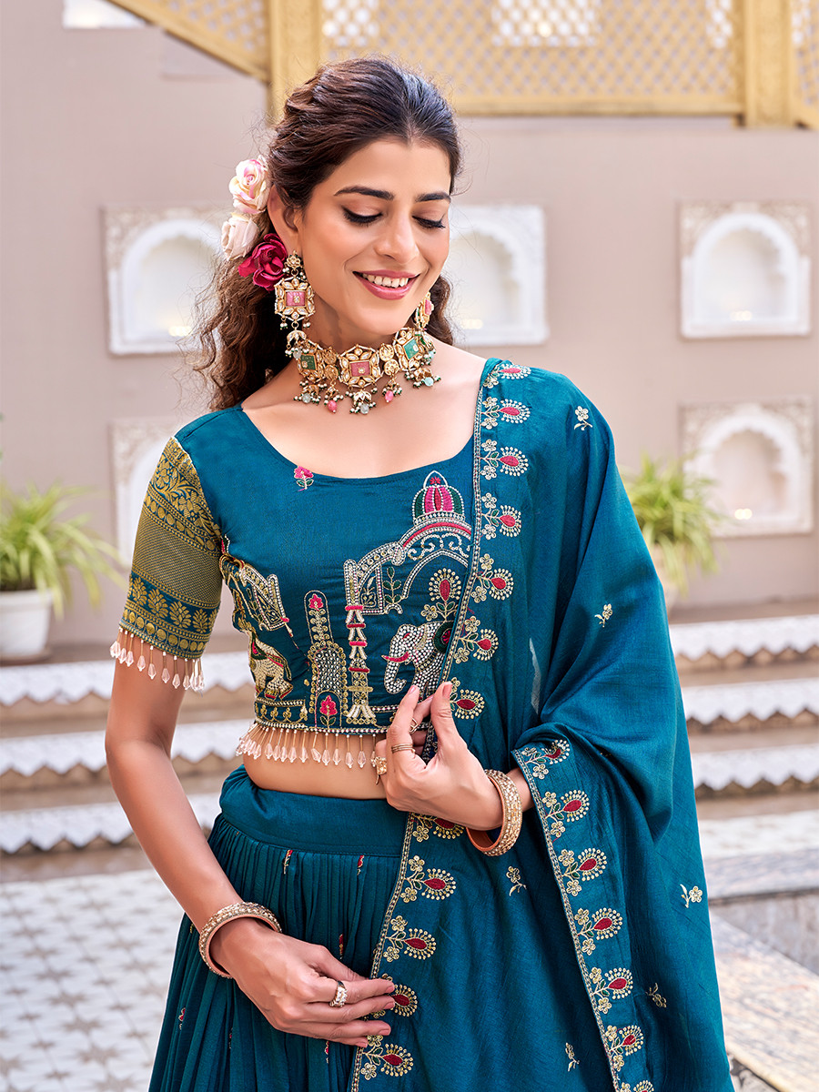 Blue Pure Vichitra Silk Embroidery Sequins Resham Zari Wedding Party Festival Ready Heavy Border Lehenga Choli