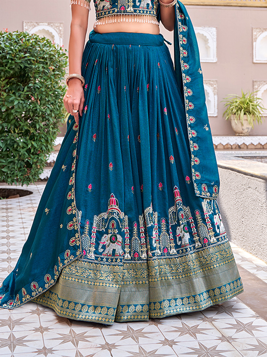 Blue Pure Vichitra Silk Embroidery Sequins Resham Zari Wedding Party Festival Ready Heavy Border Lehenga Choli
