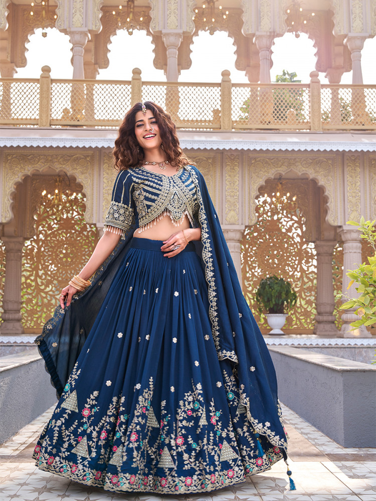 Image of Blue Pure Vichitra Silk Embroidery Sequins Zari Wedding Party Festival Heavy Border Lehenga Choli