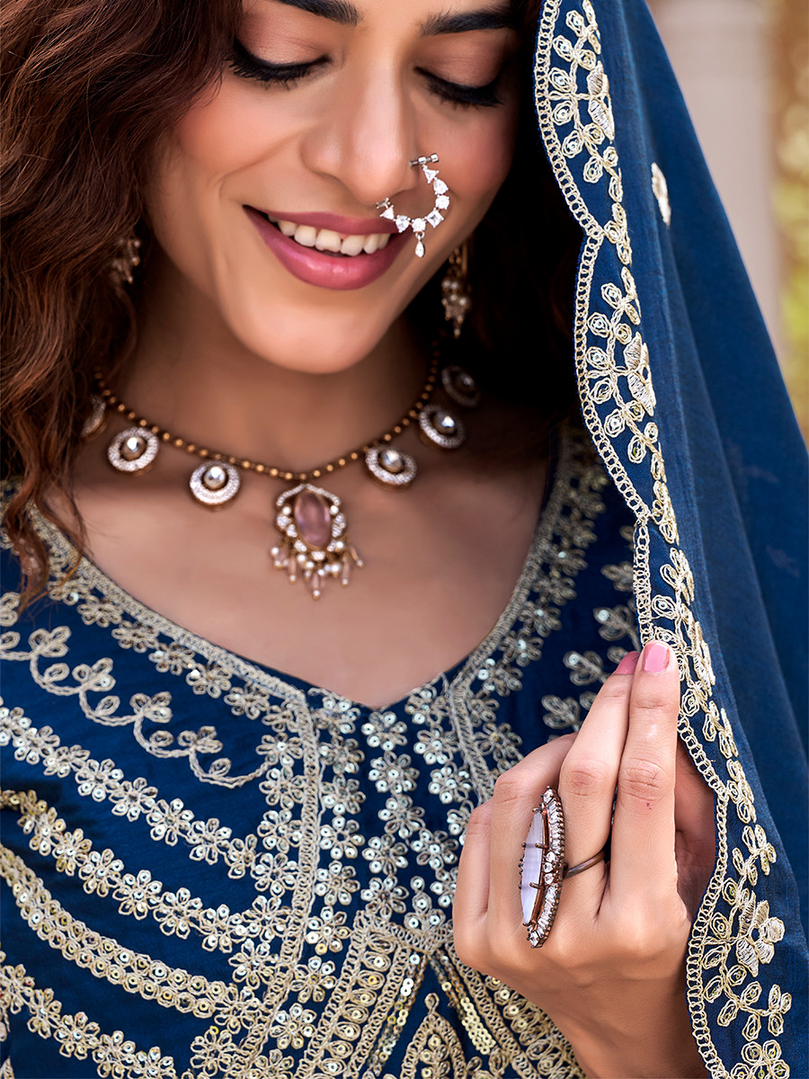 Blue Pure Vichitra Silk Embroidery Sequins Zari Wedding Party Festival Heavy Border Lehenga Choli