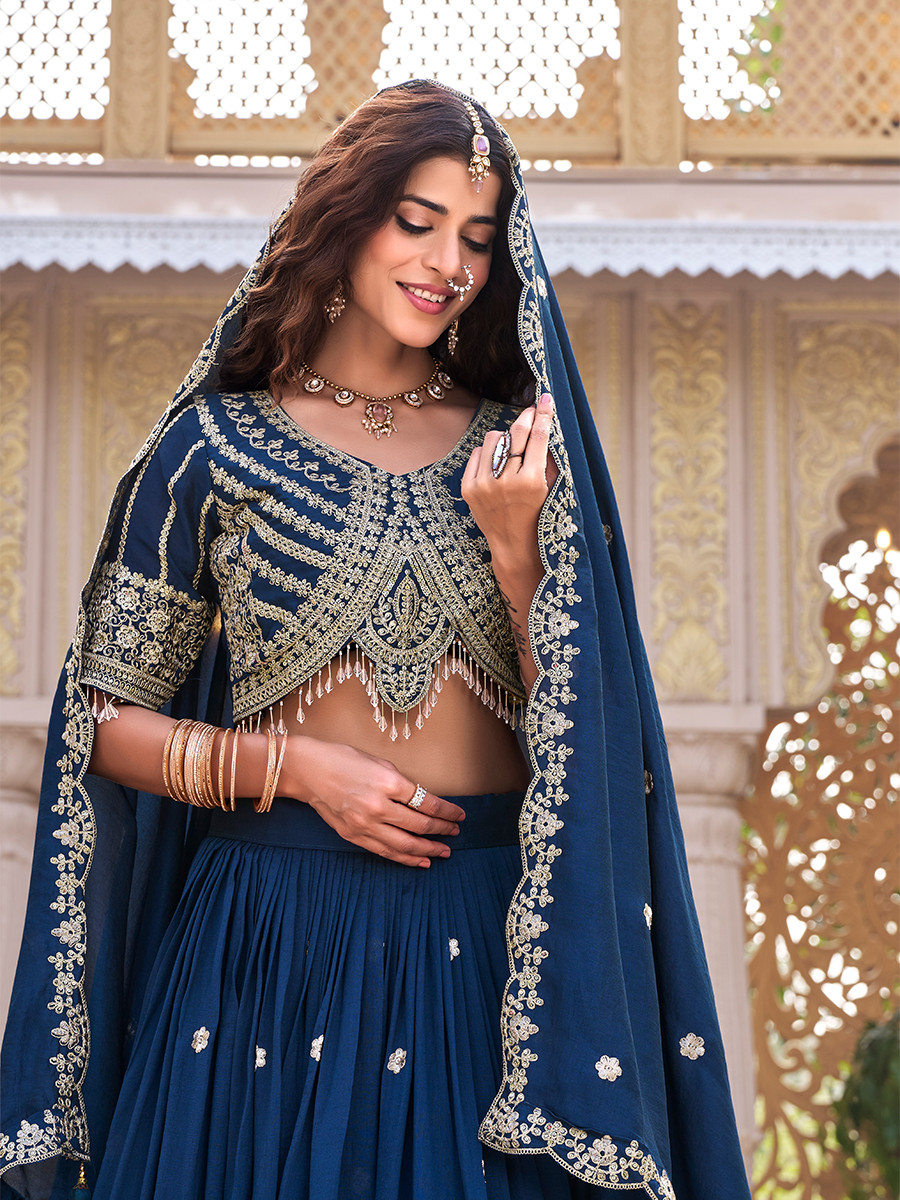 Blue Pure Vichitra Silk Embroidery Sequins Zari Wedding Party Festival Heavy Border Lehenga Choli