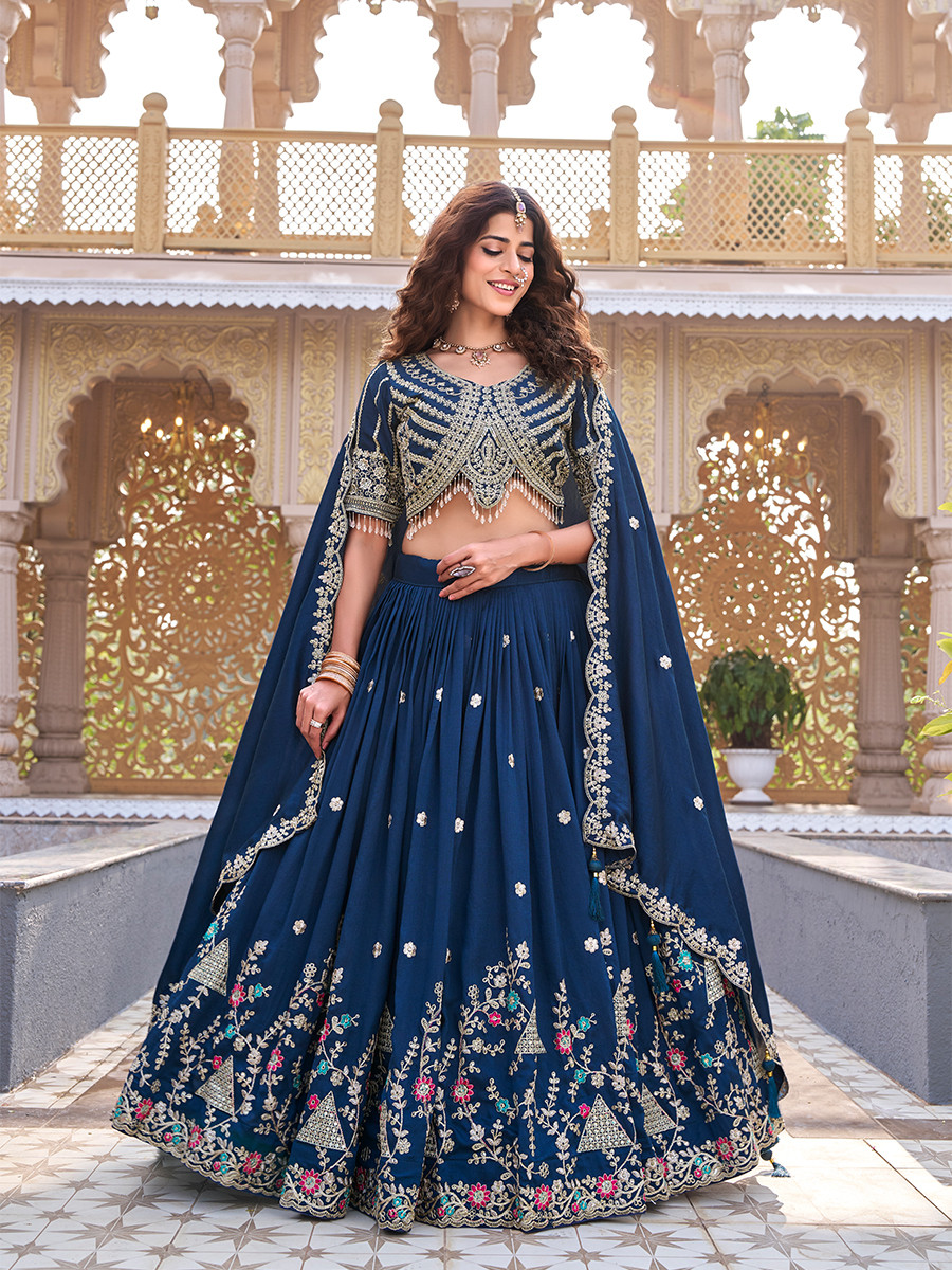 Blue Pure Vichitra Silk Embroidery Sequins Zari Wedding Party Festival Heavy Border Lehenga Choli