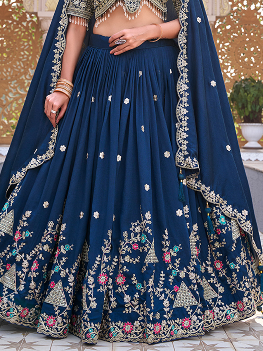 Blue Pure Vichitra Silk Embroidery Sequins Zari Wedding Party Festival Heavy Border Lehenga Choli