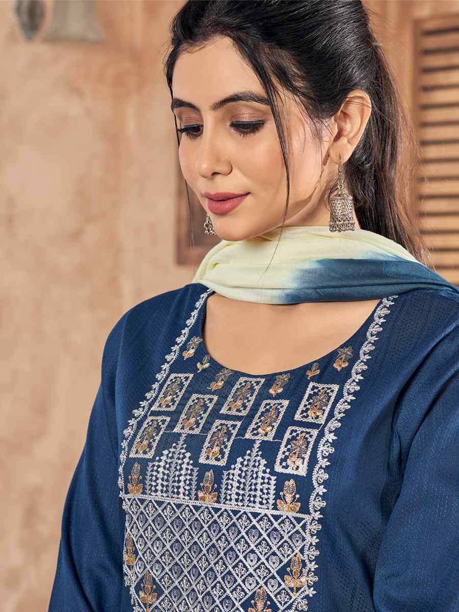 Blue Pure Viscose Embroidered Festival Casual Ready Pant Salwar Kameez