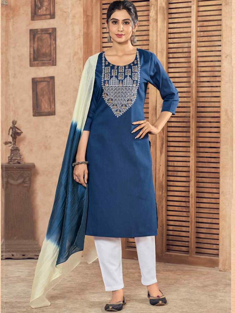 Blue Pure Viscose Embroidered Festival Casual Ready Pant Salwar Kameez