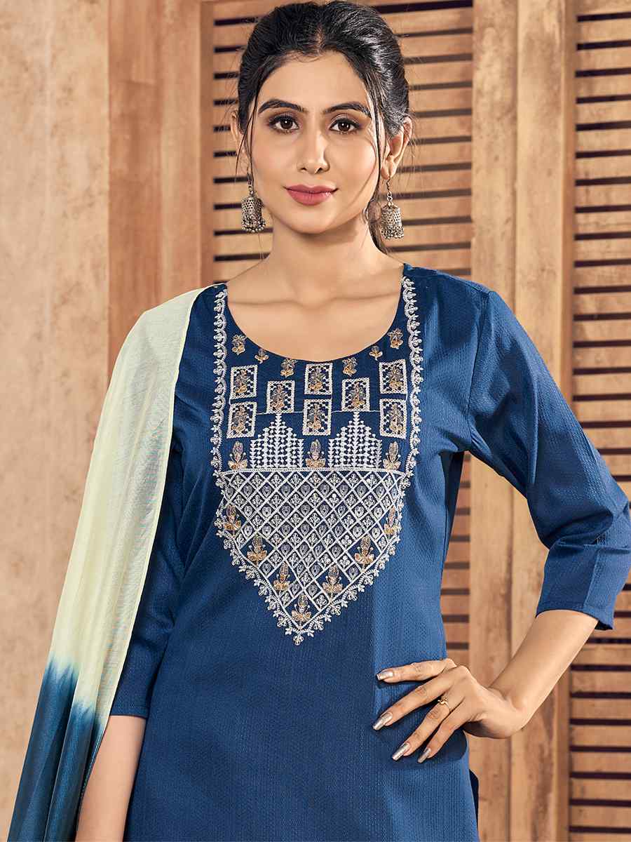 Blue Pure Viscose Embroidered Festival Casual Ready Pant Salwar Kameez