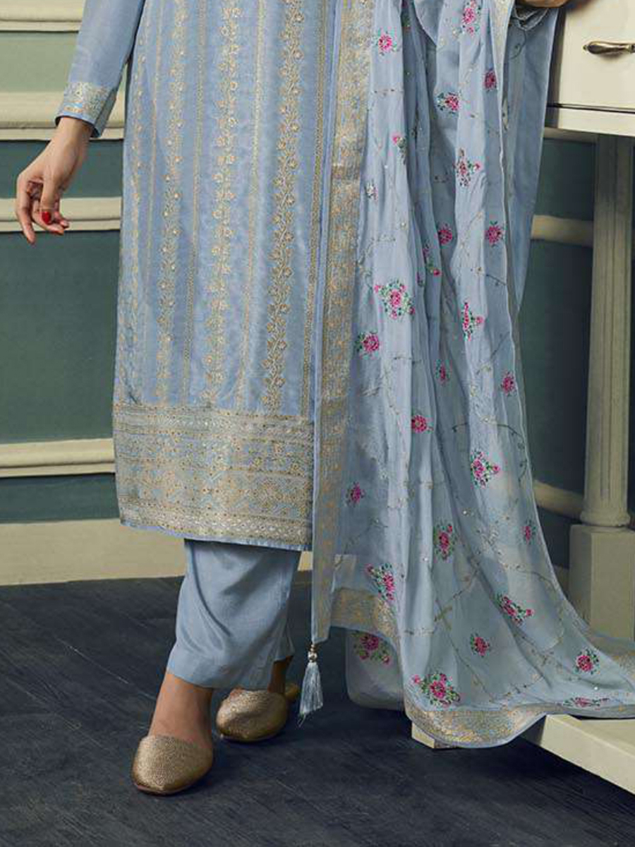 Blue Pure Viscose Jacquard Embroidered Festival Mehendi Pant Bollywood Style Salwar Kameez