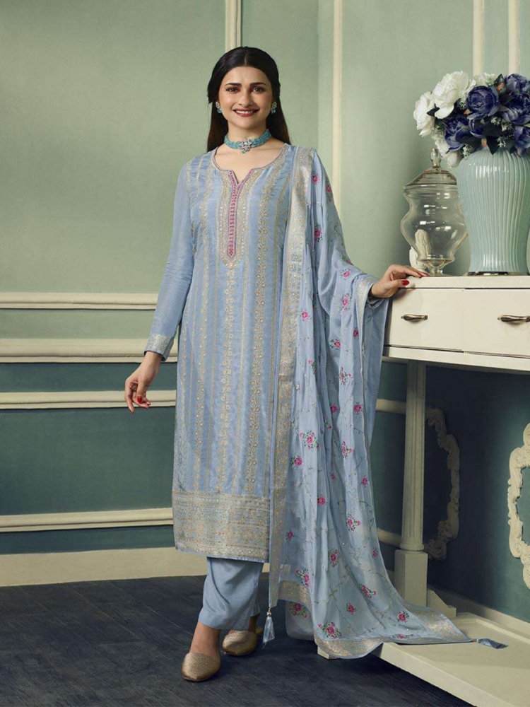 Blue Pure Viscose Jacquard Embroidered Festival Mehendi Pant Bollywood Style Salwar Kameez