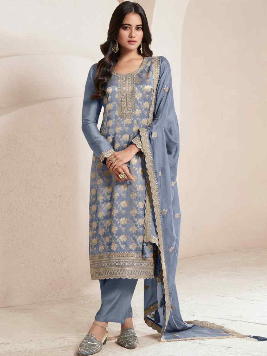 Blue Pure Viscose Jacquard Silk Embroidered Festival Wedding Pant Bollywood Style Salwar Kameez