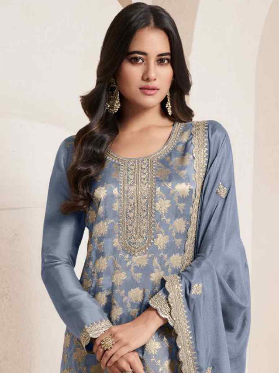 Blue Pure Viscose Jacquard Silk Embroidered Festival Wedding Pant Bollywood Style Salwar Kameez