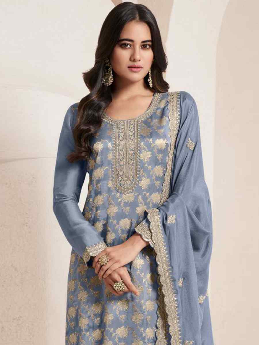 Blue Pure Viscose Jacquard Silk Embroidered Festival Wedding Pant Bollywood Style Salwar Kameez