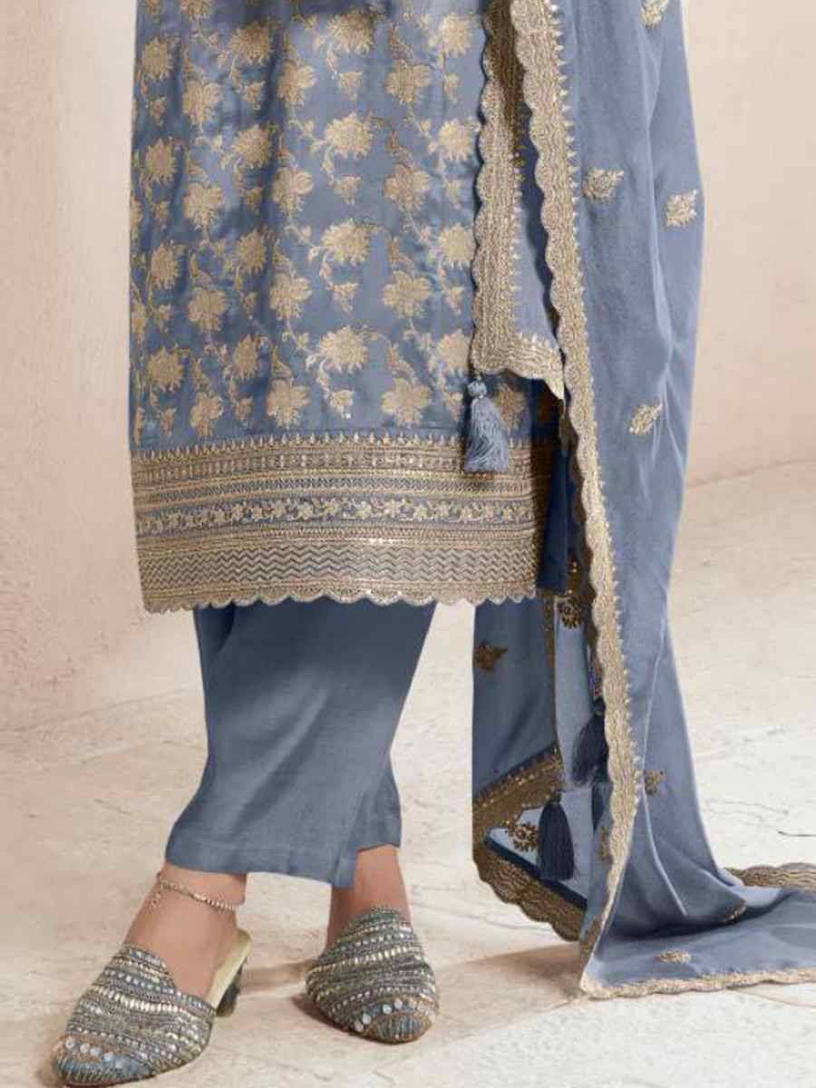 Blue Pure Viscose Jacquard Silk Embroidered Festival Wedding Pant Bollywood Style Salwar Kameez