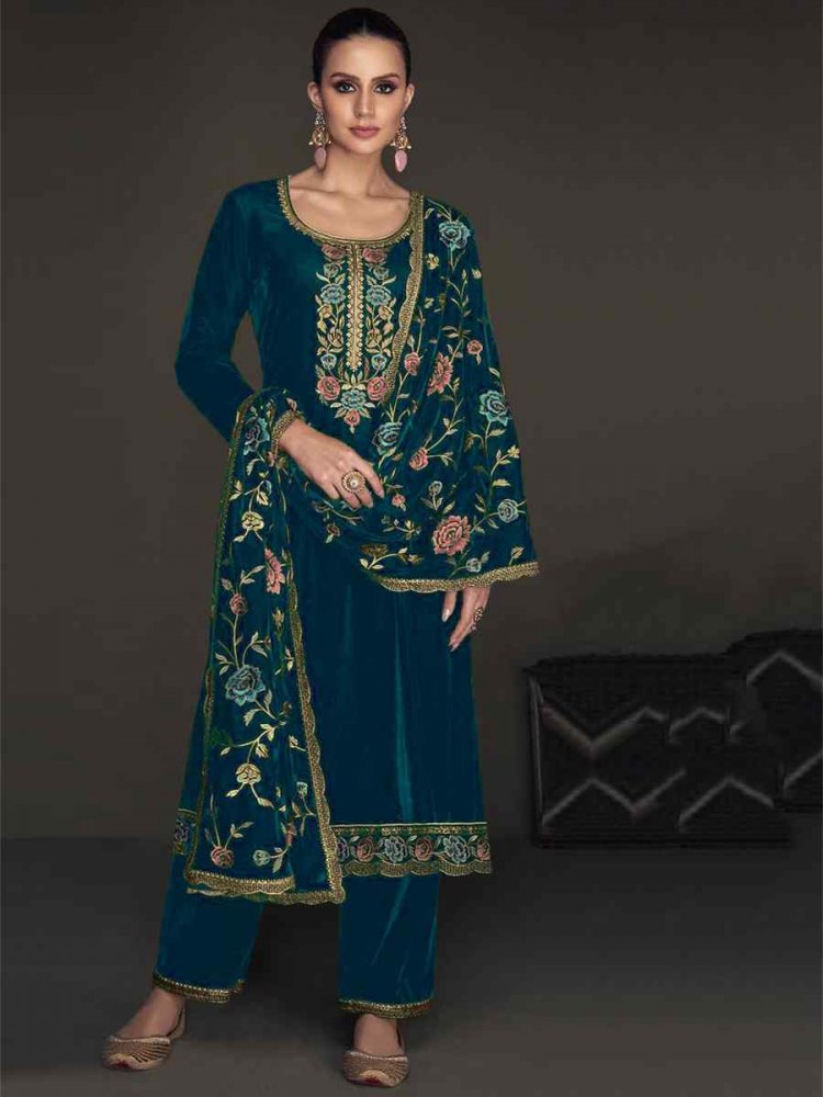 Blue Pure Viscose Velvet Embroidered Mehendi Wedding Pant Salwar Kameez